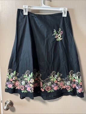 Apt. 9 Black A-Line Skirt with Pink & Green Floral Embroidery Border